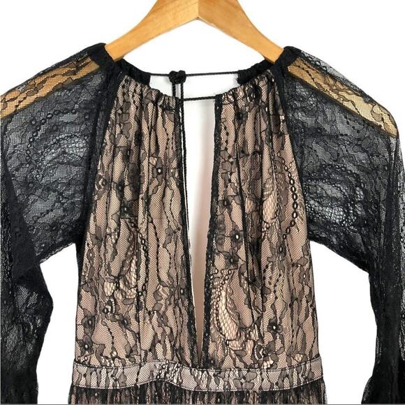 Whyte Eyelash Skirted Maxi Black Lace Sheer Romper Deep V-neck bell sleeves S - Picture 6 of 16